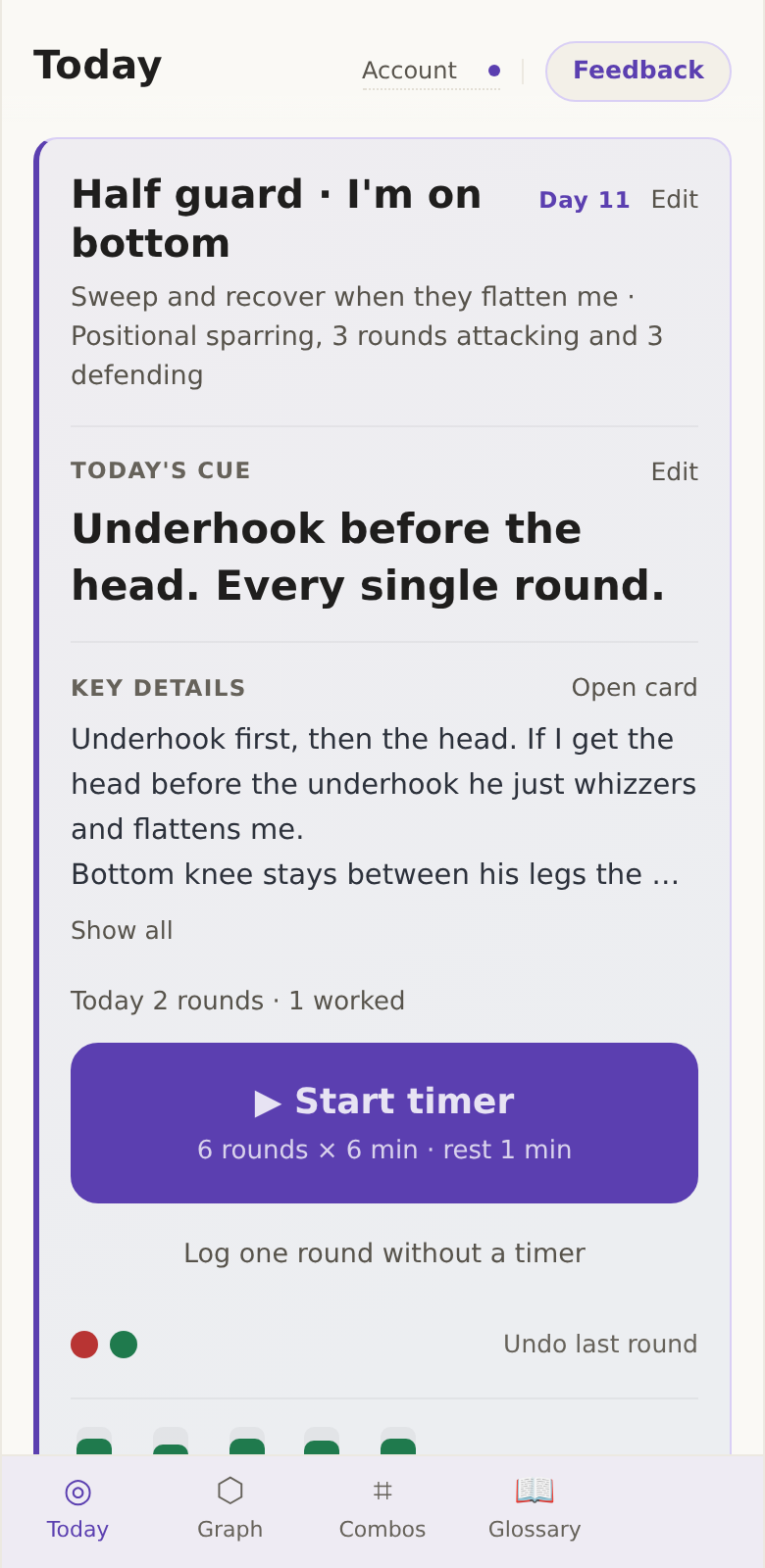 The Today page: block goal, start-timer button and which rounds worked