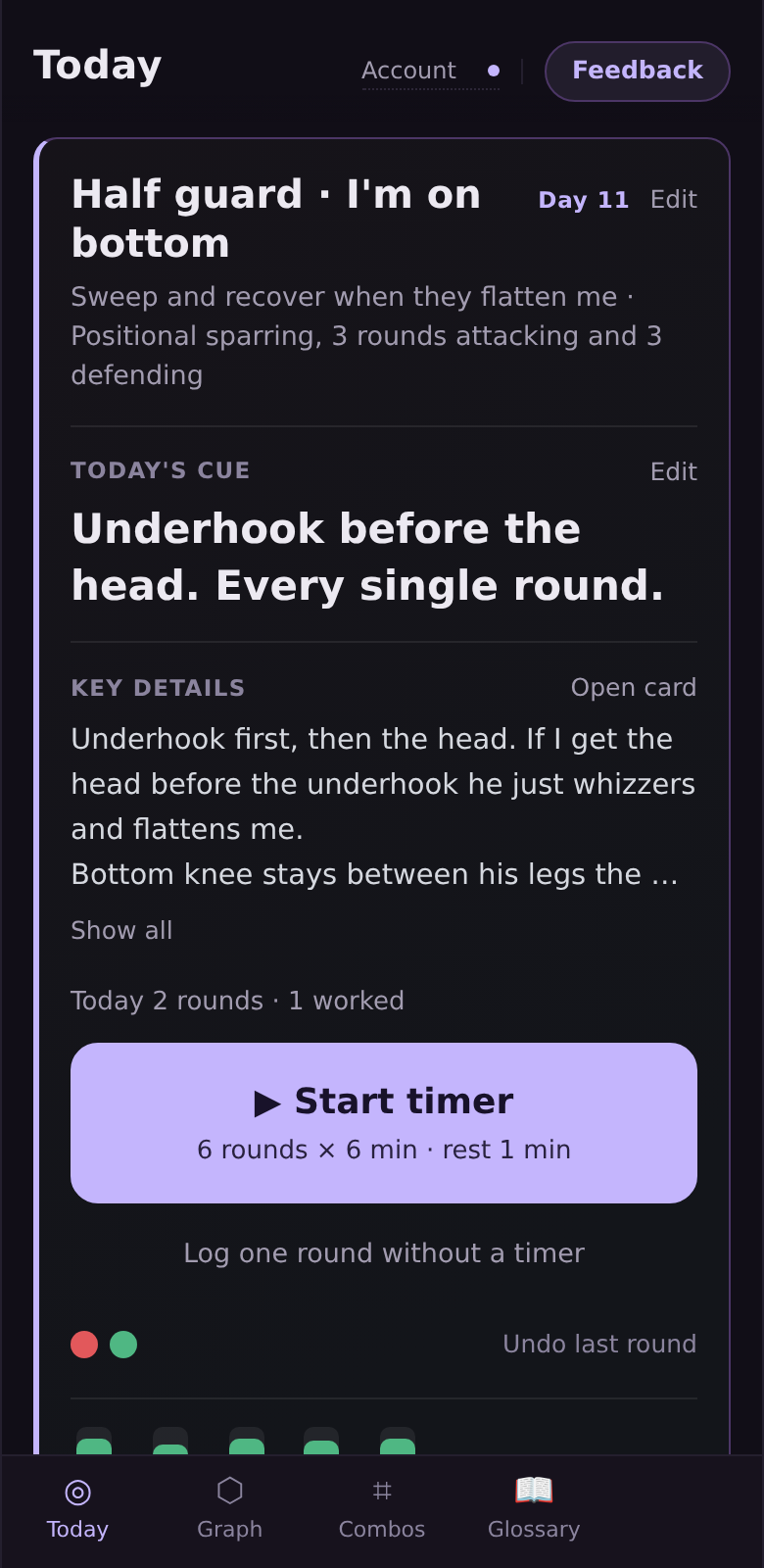 The Today page: block goal, start-timer button and which rounds worked